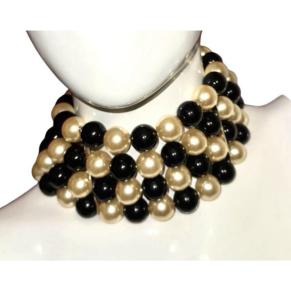 4 Strand Ivory & Black Faux Pearl Choker Necklace -Large Pearls, 17”x 3”
